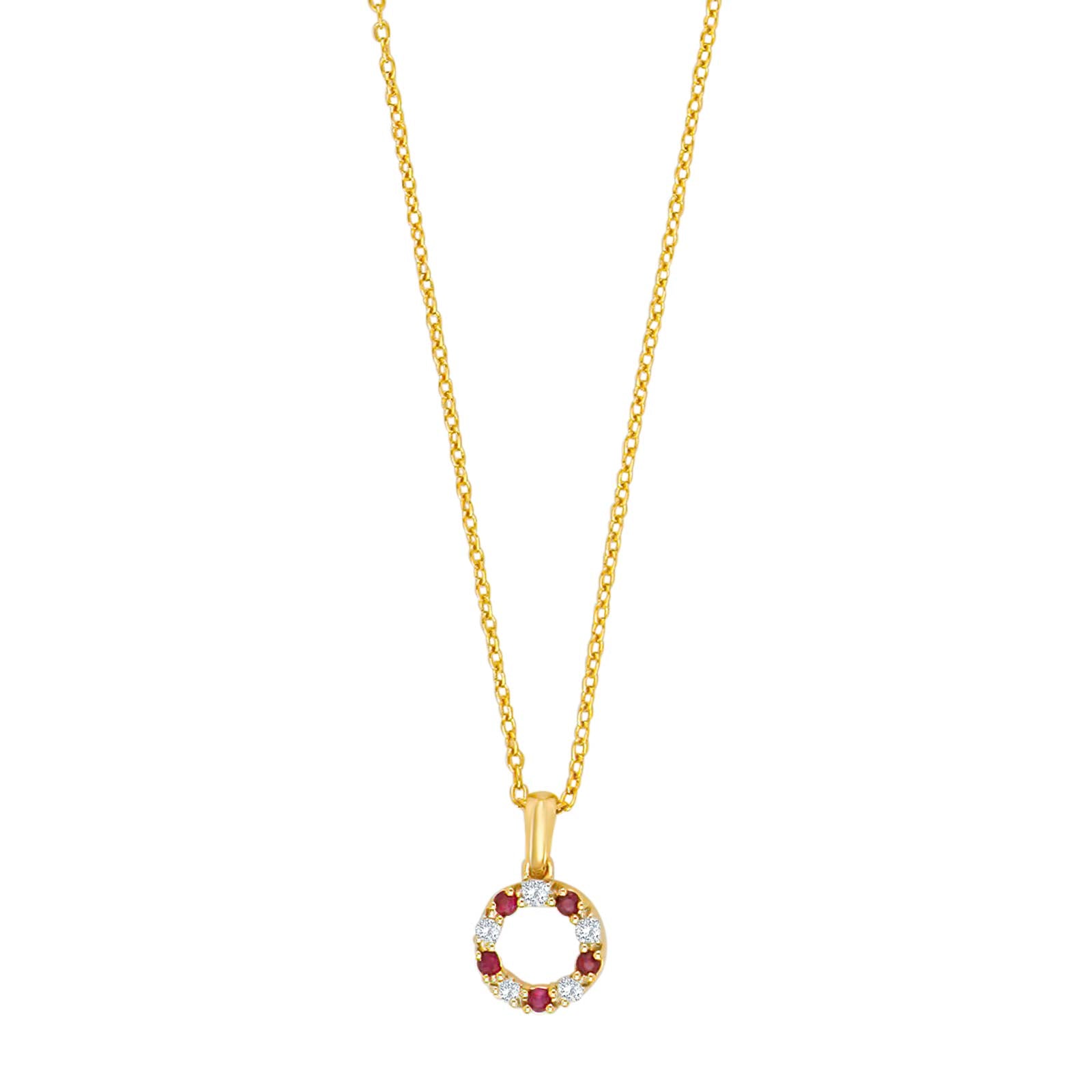 Nordahl Andersen 14kt. guldvedhæng cirkel m. rubin og 0,07ct W/SI inkl. forg. kæde