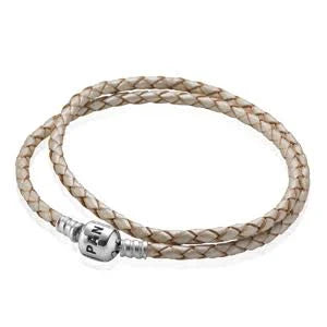 Pandora db lys flettet læder armbånd