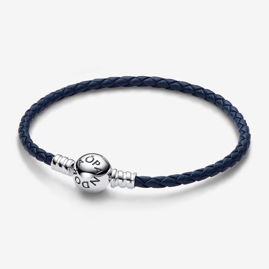 Pandora Moments Blå Flettede læderarmbånd med rund lås