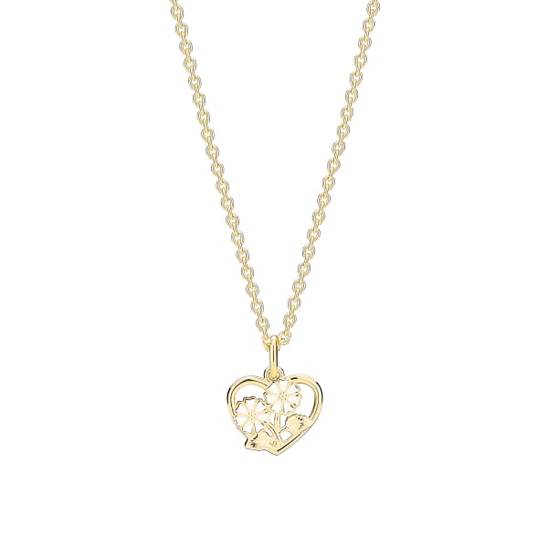Marguerit collier med hjerte, 24kt forgyldt hvid emalje